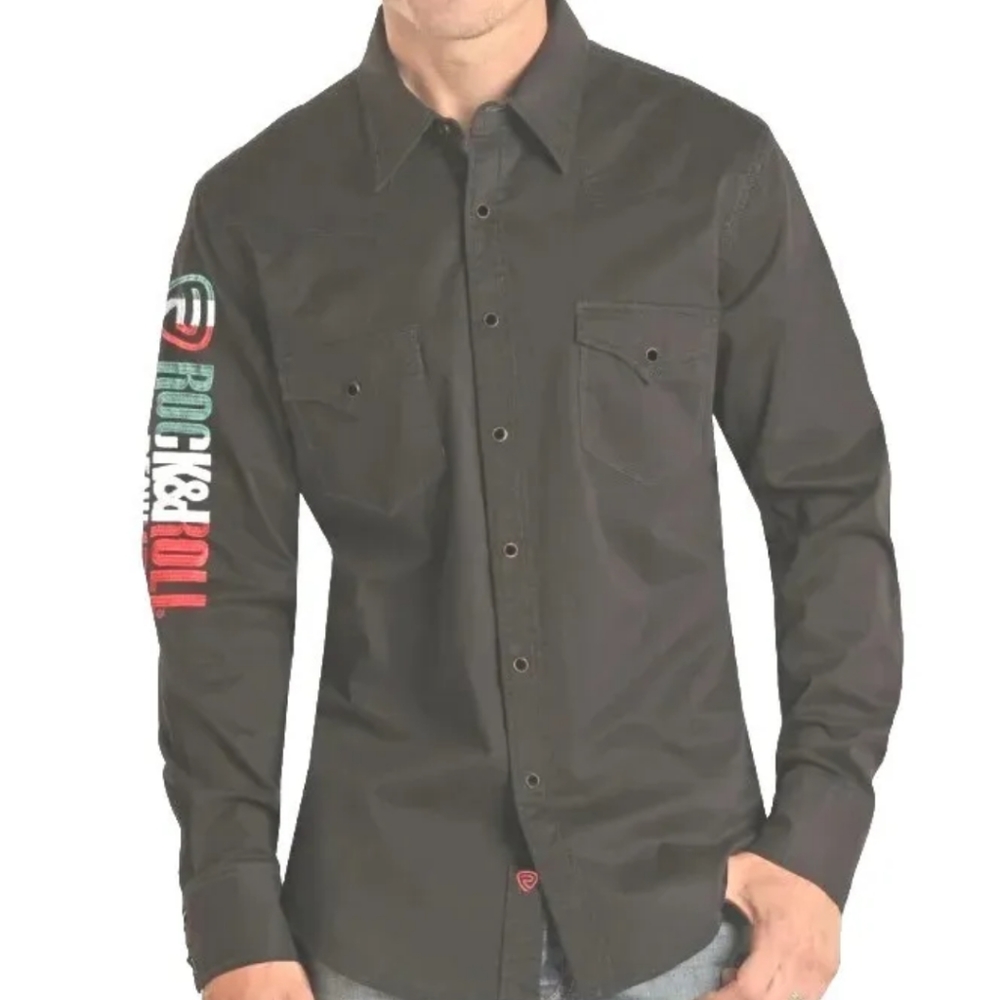 Rock Roll Denim Pearl Snap Shirt Black Western Cowboy Mexico Flag Logo Sz XL Nwt